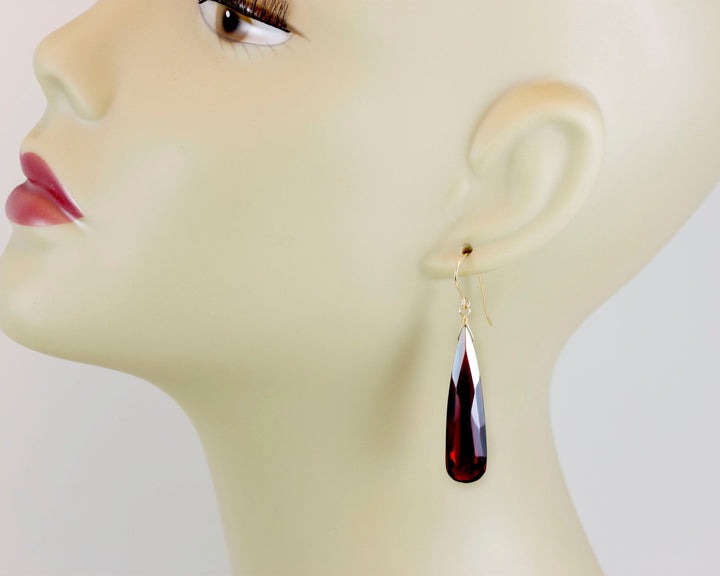 Deep Red Simulated Garnet Earrings Faceted Large Long Drop Dangle 14k Solid Yellow Gold or Yellow or Rose Filled or Sterling Silver Drops 2