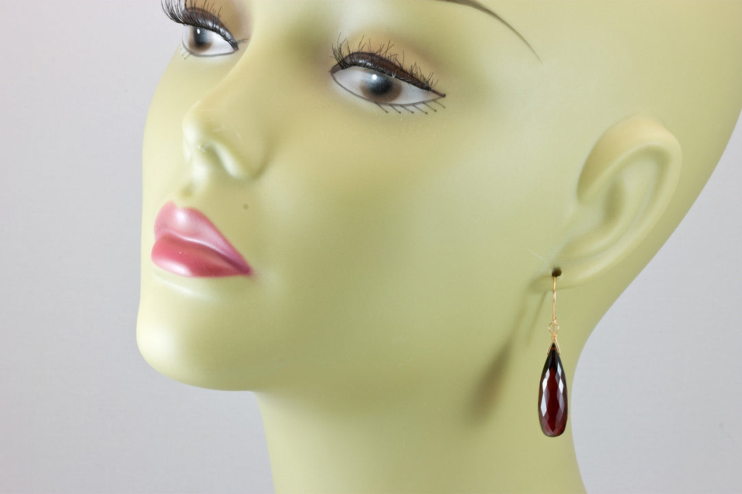 Deep Red Simulated Garnet Earrings Large Briolette Rounded Drop Dangle 14k Solid Gold or Yellow or Rose Filled or Sterling Silver Classic