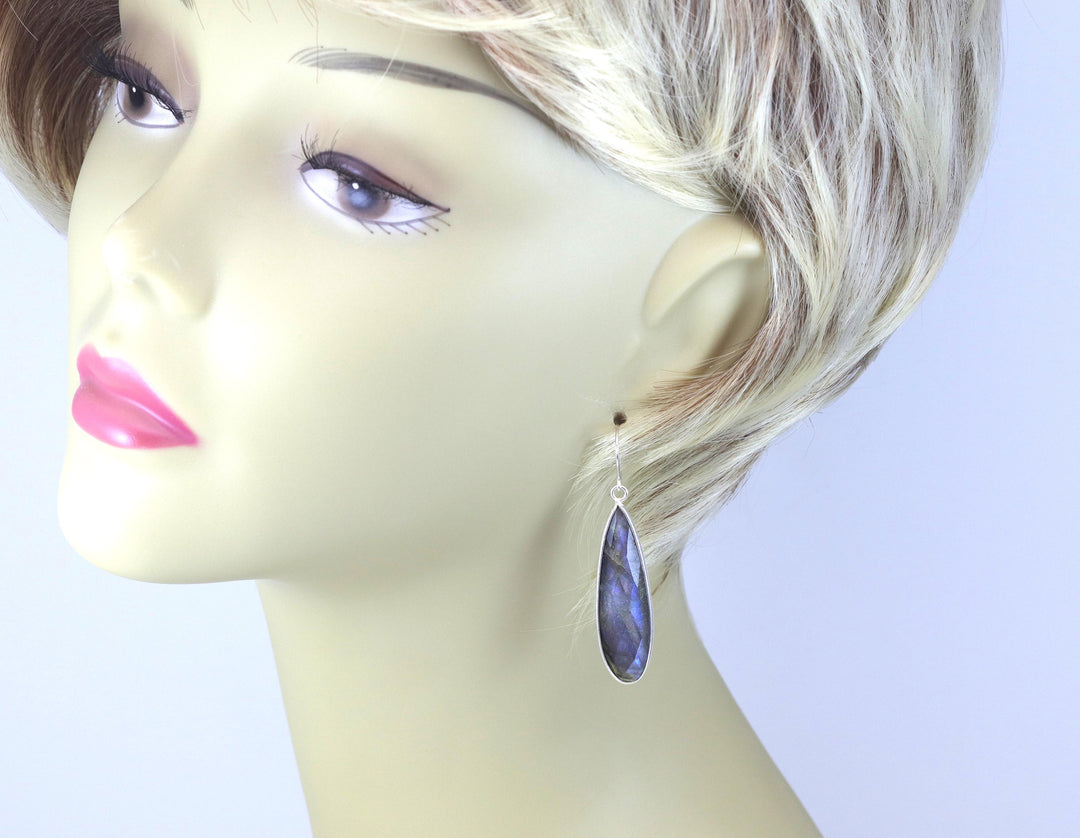 Labradorite Earrings Natural Faceted Long 2 Inches Sterling Silver Bezel Setting Teardrops Drops Blue Flash High Quality Stones Spyglass