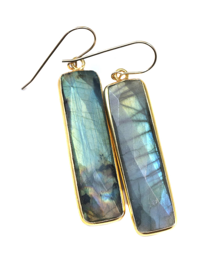 Labradorite Earrings Natural Faceted Long 2 Inches 14k Solid Gold or Filled orSterling Silver Bezel Rectangle drops Blue Flash Spyglass