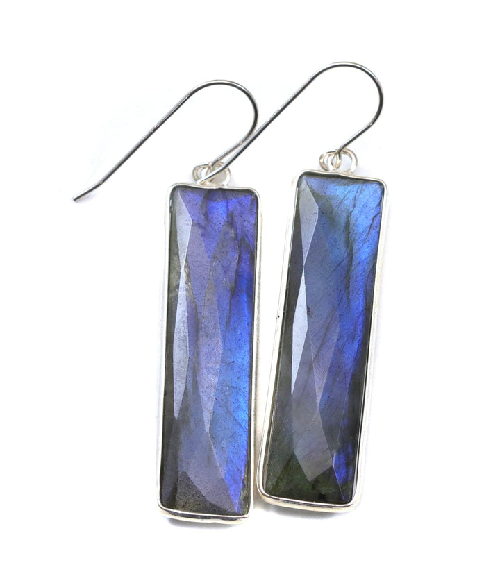 Labradorite Earrings Natural Faceted Long 2 Inches 14k Solid Gold or Filled orSterling Silver Bezel Rectangle drops Blue Flash Spyglass