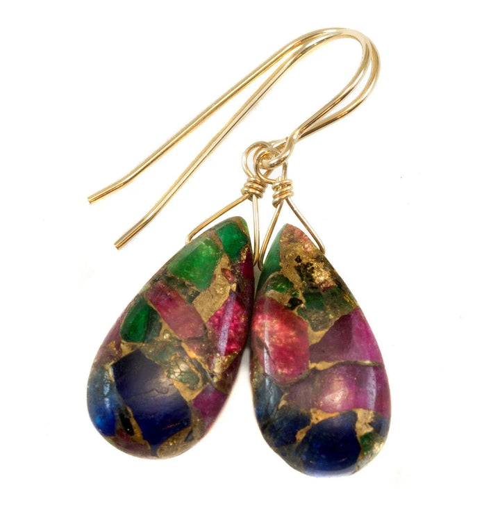 Mosaic Quartz Earrings Smooth Large Teardrop Dangle 14k Solid Gold or Filled or Sterling Silver Blue Red Green Copper Drops Simple Colorful - Spyglass Designs