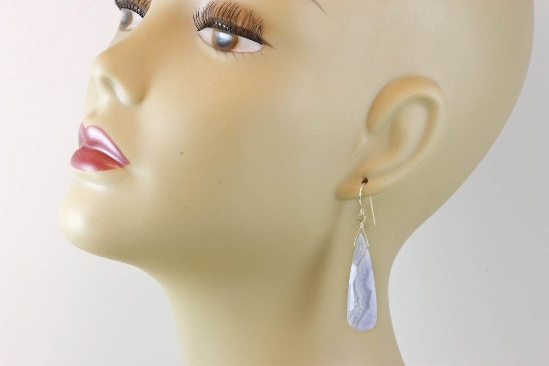 Blue Lace Agate Earrings 14k solid gold or filled or Sterling Silver Smooth Long Dangle Drops Natural Banding Soft blue Simple Drops 2.3 In