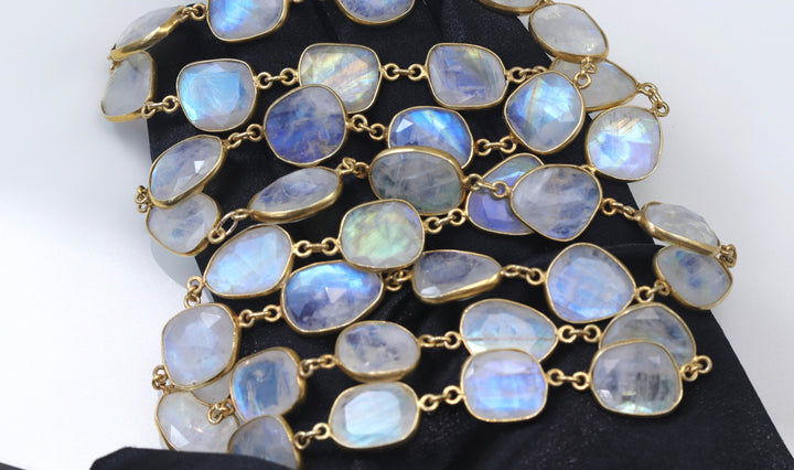 Moonstone Necklace Faceted Rainbow Blue Bezel  14k Yellow Gold Fill and Plate 36 Inch Chain Large Classic Natural Spyglass Designs