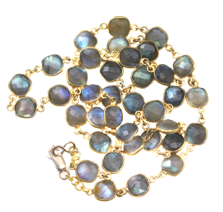 Labradorite Necklace  Bezel Set Square Shaped Faceted Cut  Link 14k Gold Plate Necklace 24 Inch AAA Blue Flash Cut Contemporary Design