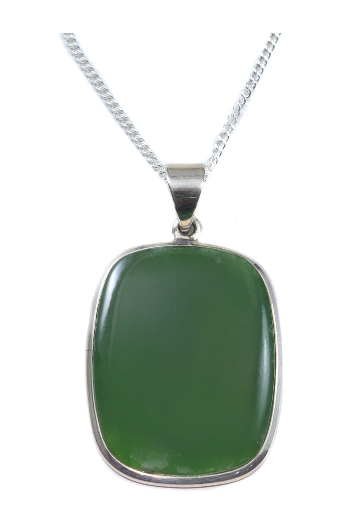 Jade Necklace Green Nephrite Jade Pendant Rectangle Shaped  Large Sterling Silver Curb Chain 20 Inches Natural Simple Daily Wear