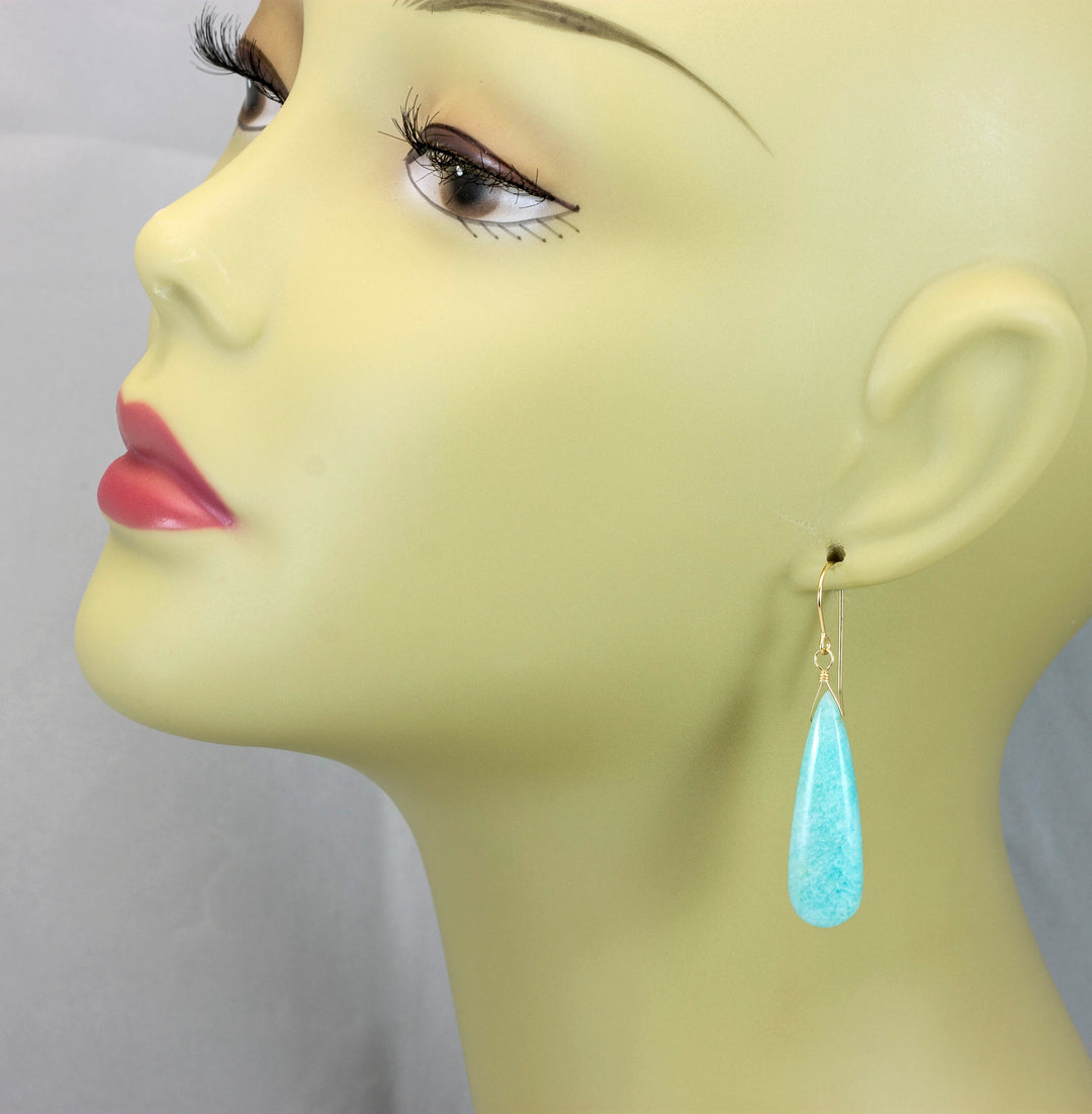 Amazonite Earrings Blue Aqua Smooth Finish Long Teardrop Briolette Sterling Silver or 14k Solid Gold or Filled Pale Soft Blue  2 Inch