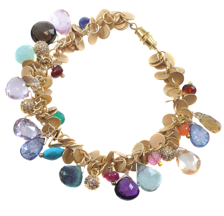 Charm Bracelet 14k Gold Filled Multi Gemstone Chain Link Adjustable 6 3/4 Inches Amethyst Garnet Aquamarine Ametrine Tourmaline Topaz Quartz