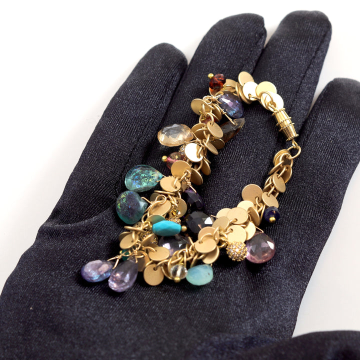 Charm Bracelet 14k Gold Filled Multi Gemstone Chain Link Adjustable 6 3/4 Inches Amethyst Garnet Aquamarine Ametrine Tourmaline Topaz Quartz