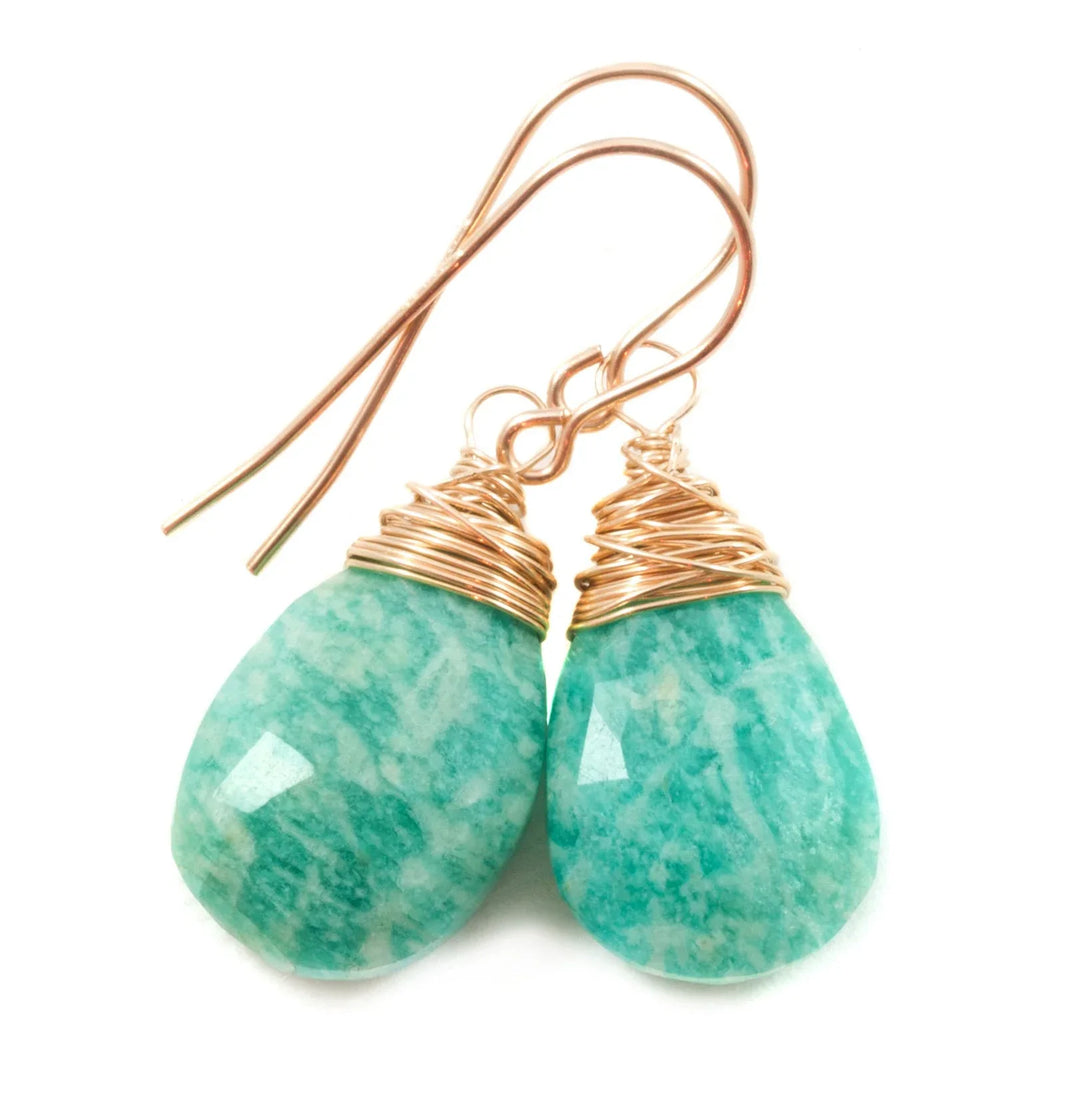 Amazonite Earrings Blue Green Faceted Sterling Silver or 14k Solid Gold or Rose Gold Filled Natural Pear Messy Wire Wrapped Soft Teal color - Spyglass Designs