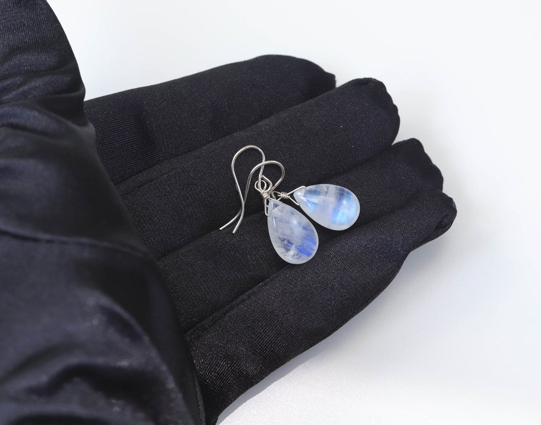 Rainbow Blue Moonstone Earrings Sterling Silver or 14k Solid Gold or Filled Smooth Pear Teardrop Natural Real High Quality Simple Drops