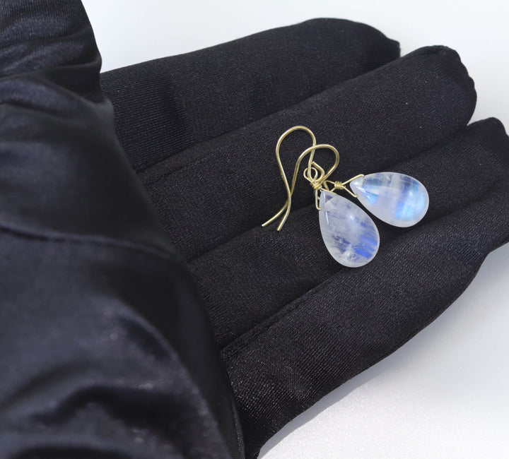 Rainbow Blue Moonstone Earrings 14k Solid Yellow Gold or Filled Faceted Large off round Briolette Teardrop Faceted Drops Spyglass Designs