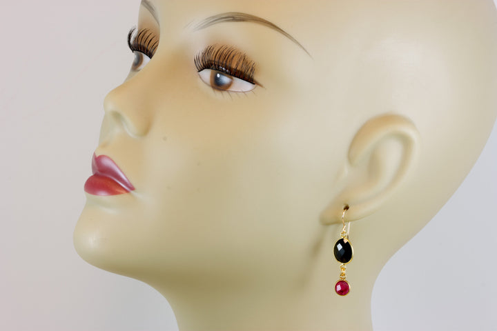 Black Spinel Red Ruby Earrings Bezel Faceted Large Teardrop 14k Solid Yellow Gold or Filled Double natural drops Spyglass Designs