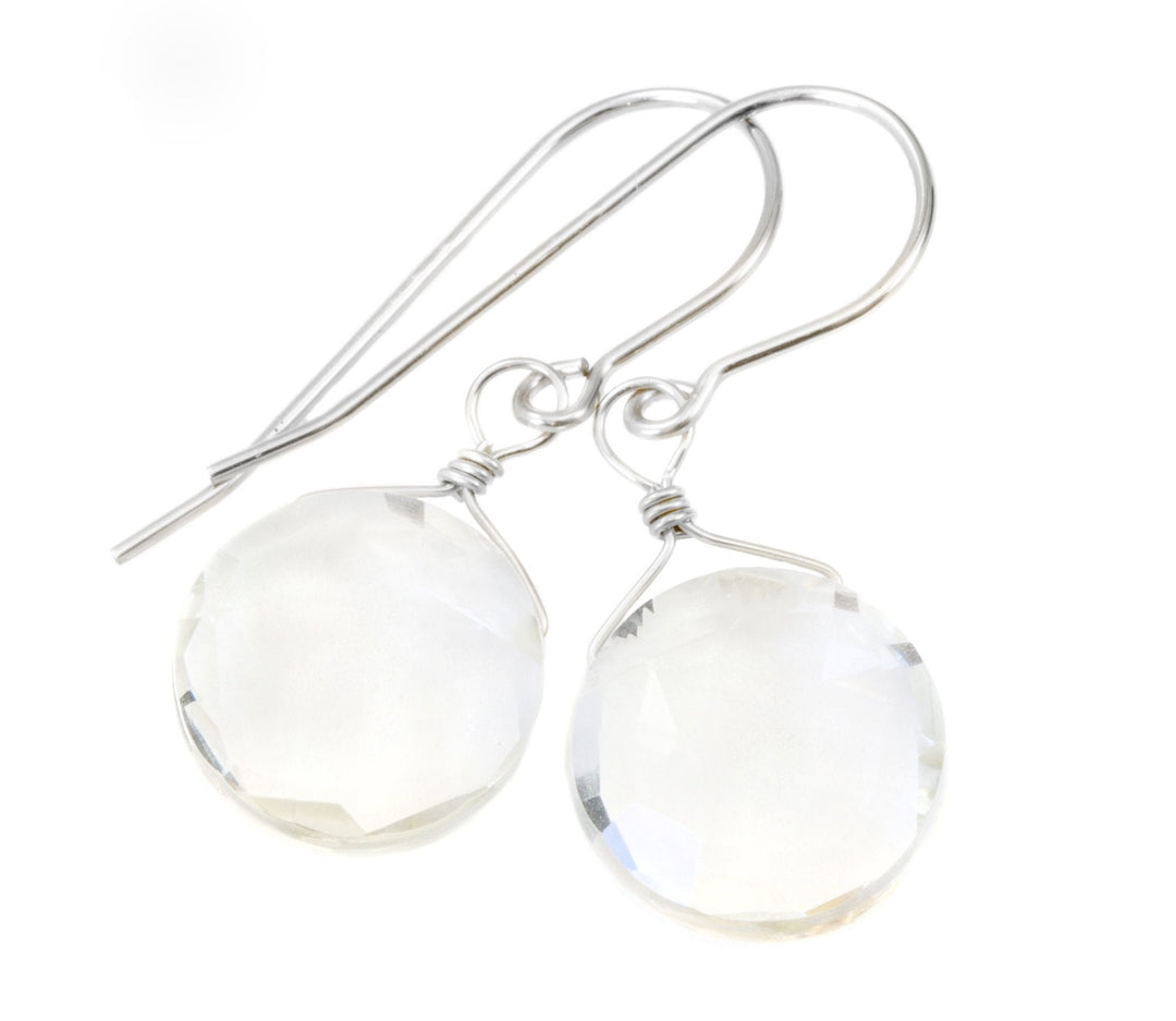 Topaz Earrings Round Briolette Teardrop Dangle faceted Sterling Silver or 14k Solid Gold Filled Clear Colorless Simple Drops Spyglass Design