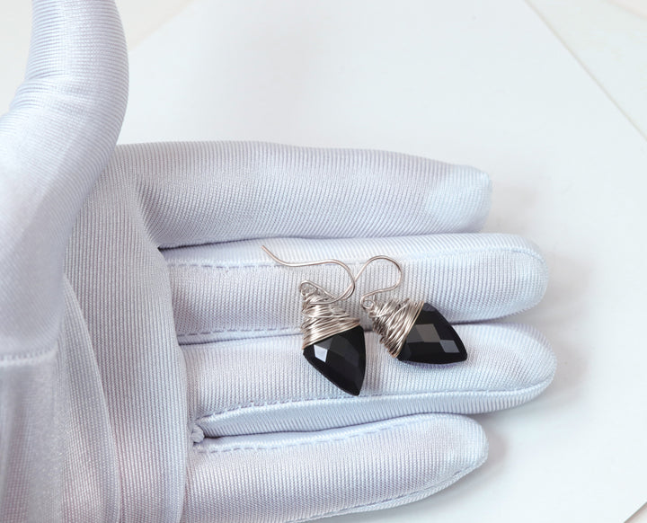 Black Onyx Earrings Sterling Silver or 14k Solid Gold or Filled Smooth Pointed Faceted Messy Wire Wrapped Drops Spyglass Designs