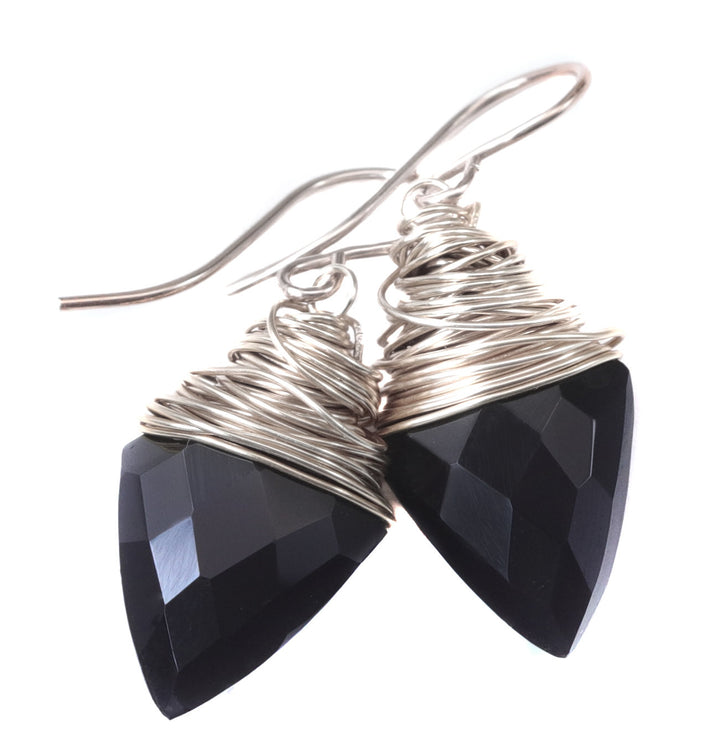 Black Onyx Earrings Sterling Silver or 14k Solid Gold or Filled Smooth Pointed Faceted Messy Wire Wrapped Drops Spyglass Designs