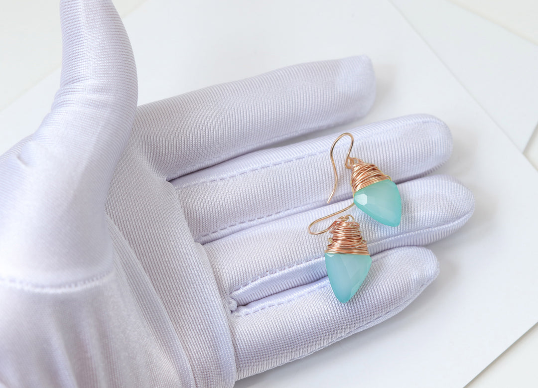 Aqua Blue Chalcedony Earrings 14k Solid Gold or Yellow or Rose Filled or Sterling Silver Teardrop Pointed Faceted Wire Wrapped Dangles
