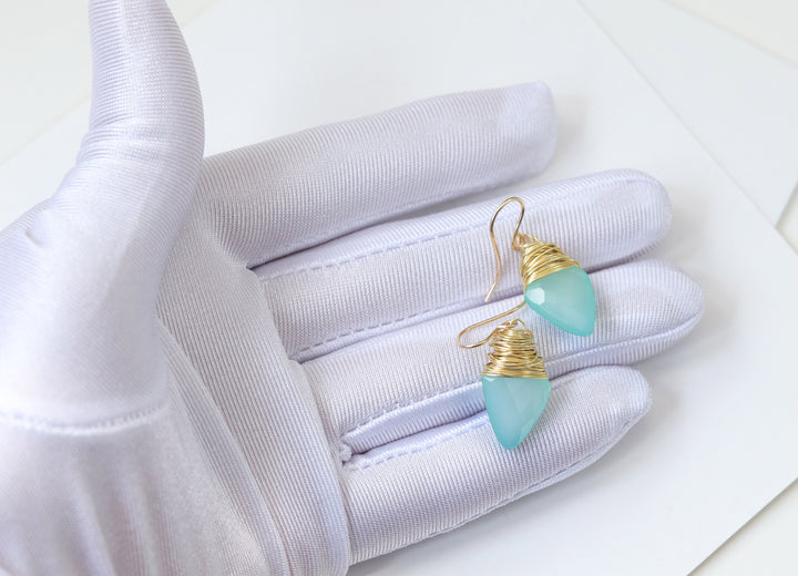 Aqua Blue Chalcedony Earrings 14k Solid Gold or Yellow or Rose Filled or Sterling Silver Teardrop Pointed Faceted Wire Wrapped Dangles