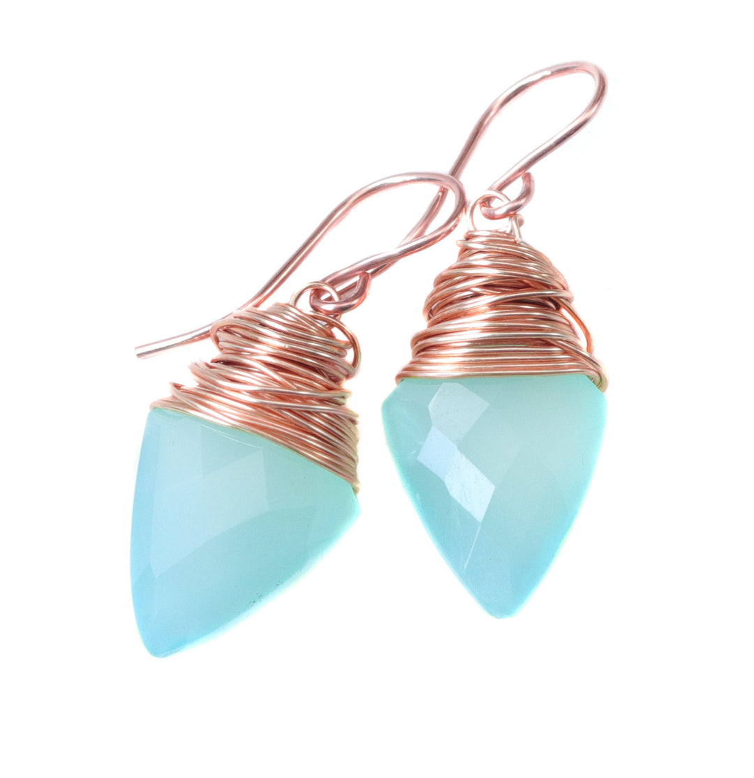 Aqua Blue Chalcedony Earrings 14k Solid Gold or Yellow or Rose Filled or Sterling Silver Teardrop Pointed Faceted Wire Wrapped Dangles