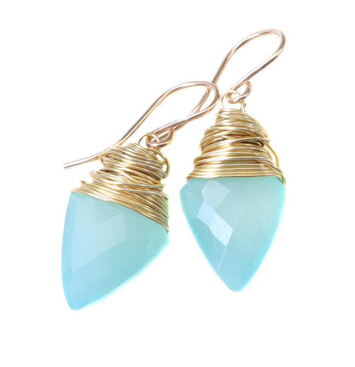 Aqua Blue Chalcedony Earrings 14k Solid Gold or Yellow or Rose Filled or Sterling Silver Teardrop Pointed Faceted Wire Wrapped Dangles