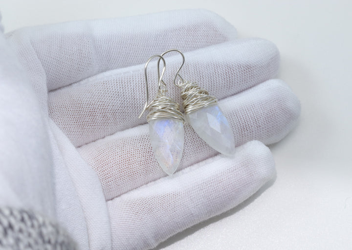 Rainbow Blue Moonstone Earrings 14k Solid Gold or Yellow or Rose Filled or Sterling Silver Faceted Wire Wrapped Teardrop Briolette Drops