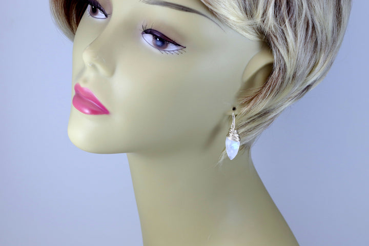 Rainbow Blue Moonstone Earrings 14k Solid Gold or Yellow or Rose Filled or Sterling Silver Faceted Wire Wrapped Teardrop Briolette Drops