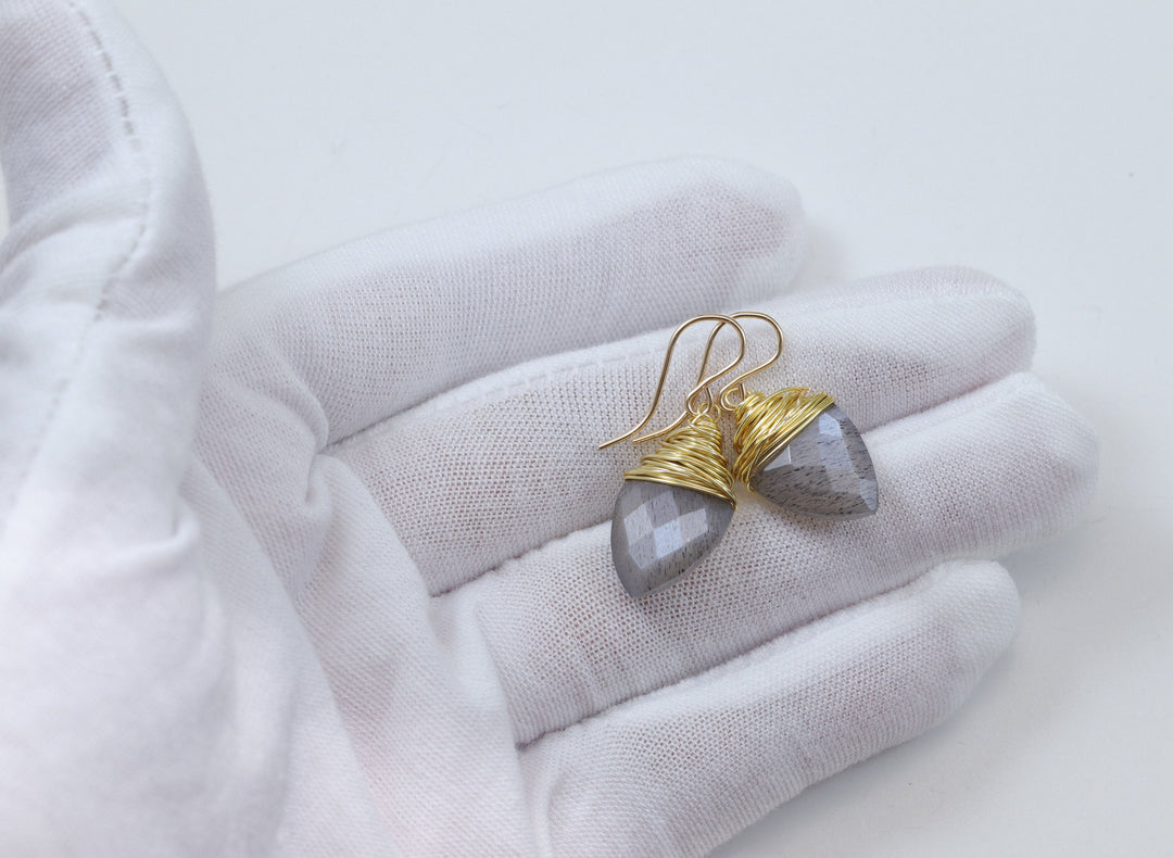 Gray Moonstone Earrings 14k Solid Gold or Yellow or Rose Filled or Sterling Silver Faceted Wire Wrapped  Grey Teardrop Briolette Drops