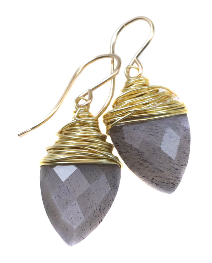 Gray Moonstone Earrings 14k Solid Gold or Yellow or Rose Filled or Sterling Silver Faceted Wire Wrapped  Grey Teardrop Briolette Drops