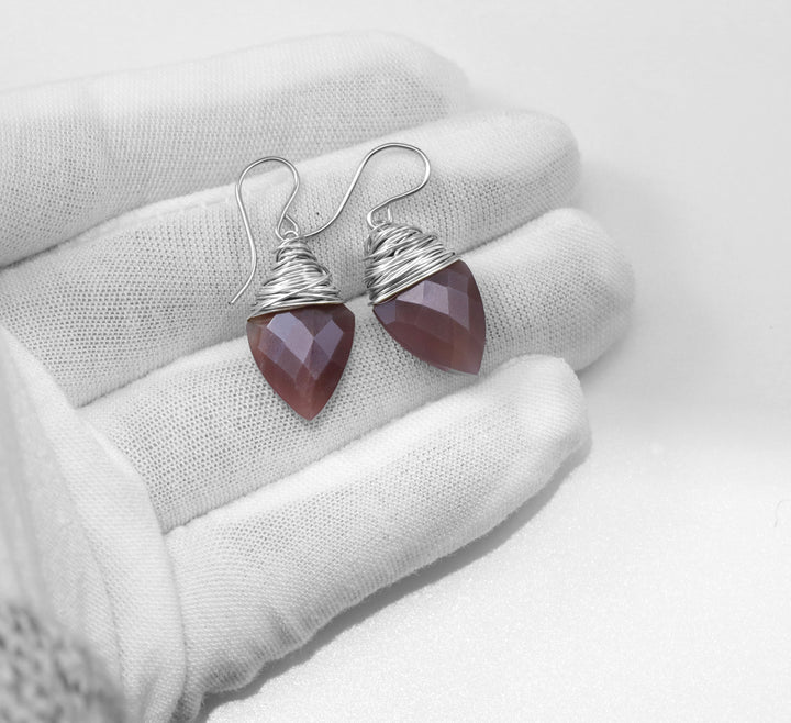 Chocolate Moonstone Earrings 14k Solid Gold or Yellow or Rose Filled or Sterling Silver Faceted Wire Wrapped  Grey Teardrop Briolette Drops