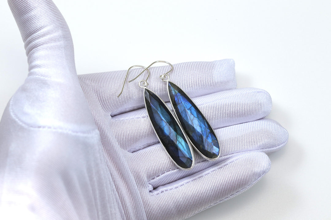 Labradorite Earrings Natural Faceted Long 2 Inches Sterling Silver Bezel Setting Teardrops Drops Blue Flash High Quality Stones Spyglass