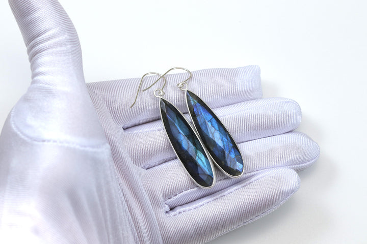 Labradorite Earrings Natural Faceted Long 2 Inches Sterling Silver Bezel Setting Teardrops Drops Blue Flash High Quality Stones Spyglass