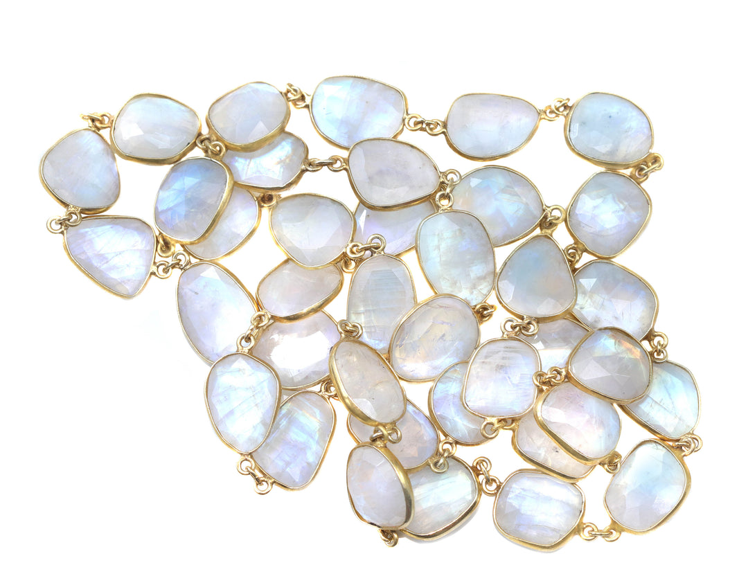 Moonstone Necklace Faceted Rainbow Blue Bezel  14k Yellow Gold Fill and Plate 36 Inch Chain Large Classic Natural Spyglass Designs