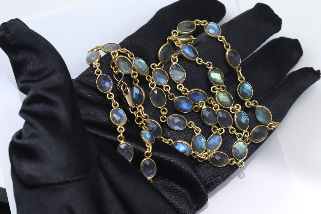 Labradorite Necklace  Bezel Set Oval Shaped Faceted Cut  Link 14k Gold Plate Necklace 24 Inch AAA Blue Flash Cut Contemporary Design