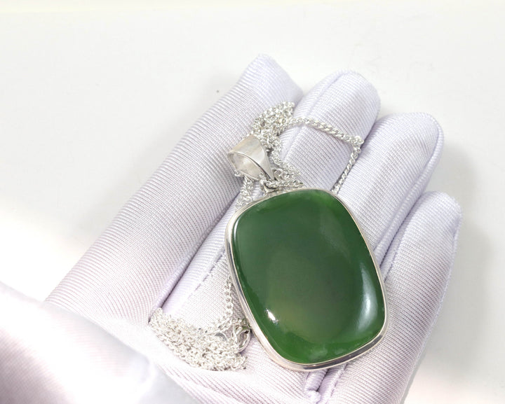 Jade Necklace Green Nephrite Jade Pendant Rectangle Shaped  Large Sterling Silver Curb Chain 20 Inches Natural Simple Daily Wear
