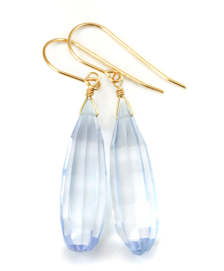 Ice Aqua Blue Sim Topaz Earrings Faceted Large Rounded Long Teardrop Sterling Silver or 14k Solid Gold or Filled Fancy Light 2 Inch Drops