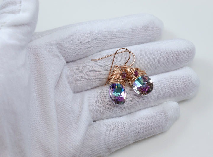 Spyglass Designs Wire Wrapped Earrings created with Multi Rainbow Color Crystals from Swarovski ® 14k Solid Gold or Sterling Silver Dangles
