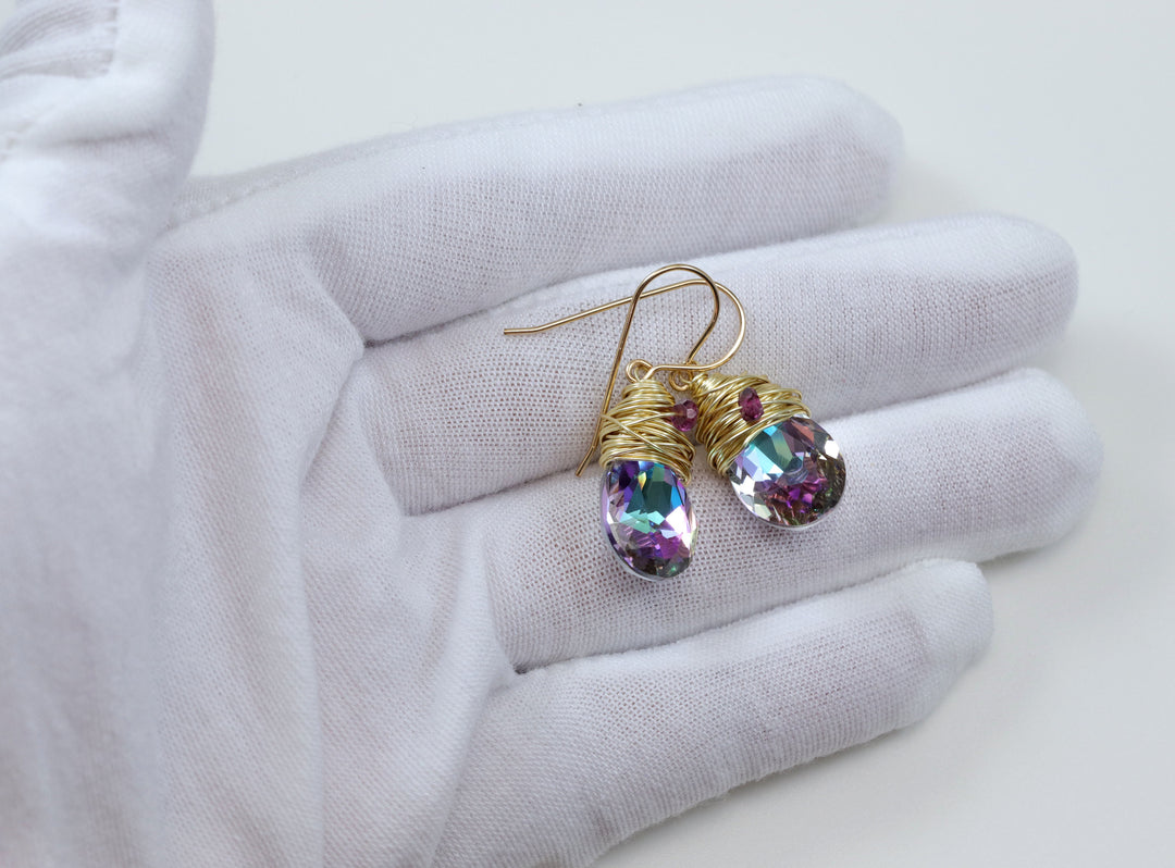 Spyglass Designs Wire Wrapped Earrings created with Multi Rainbow Color Crystals from Swarovski ® 14k Solid Gold or Sterling Silver Dangles