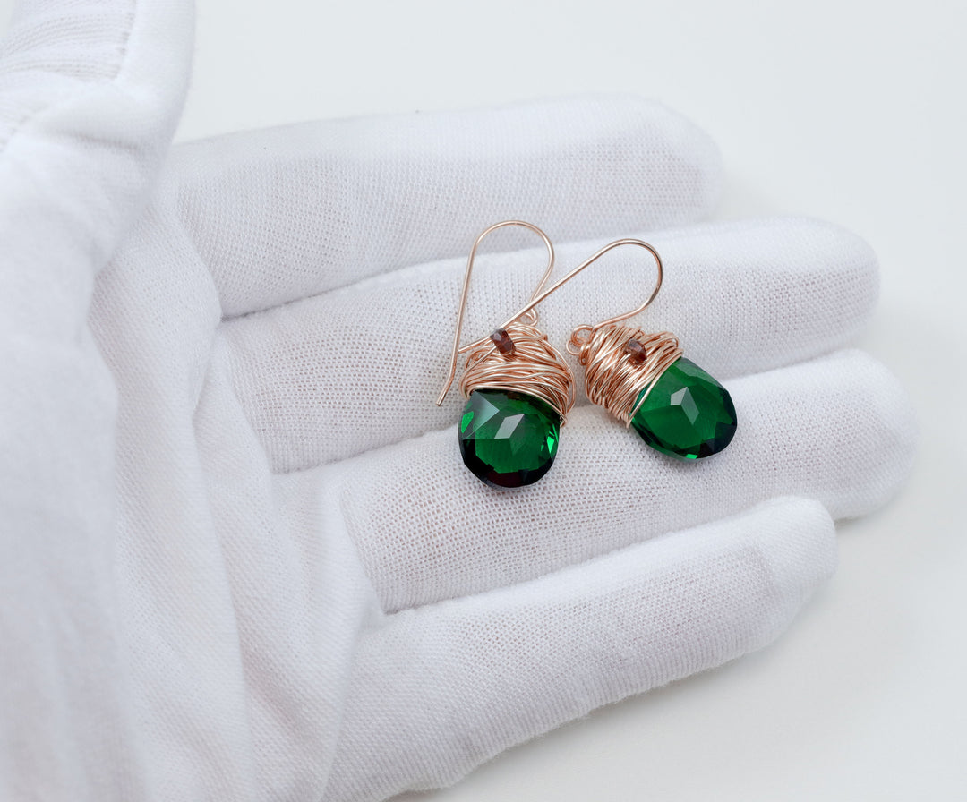 Spyglass Designs Wire Wrapped Earrings created with Green Emerald Crystals from Swarovski ® 14k Solid Gold or Sterling Silver Dangles Drops