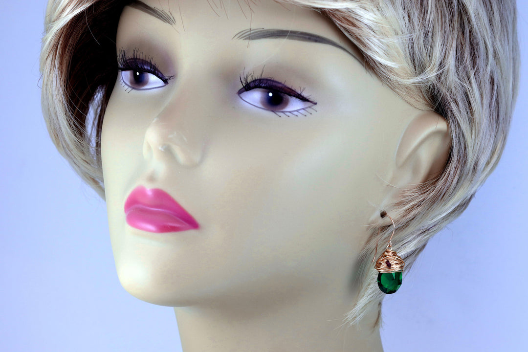 Spyglass Designs Wire Wrapped Earrings created with Green Emerald Crystals from Swarovski ® 14k Solid Gold or Sterling Silver Dangles Drops