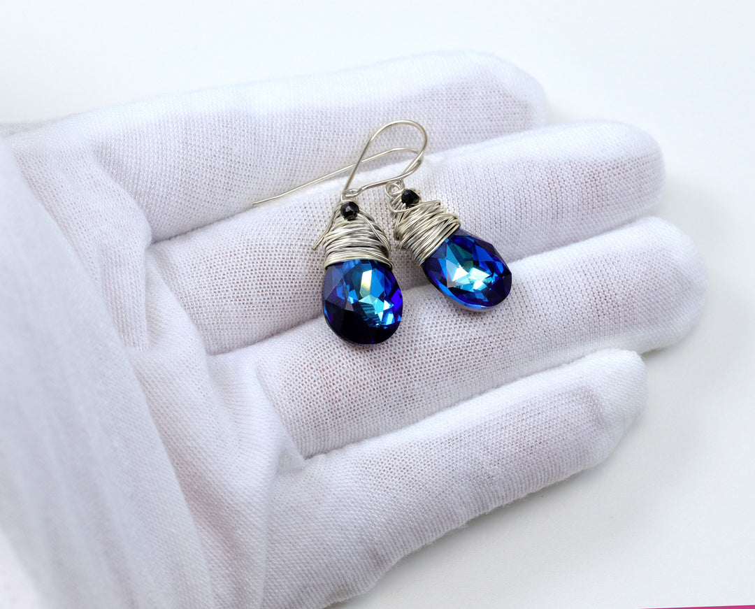 Spyglass Designs Wire Wrapped Earrings created with Bermuda Blue Sapphire Crystals from Swarovski ® 14k Solid Gold or Sterling Silver Dangle