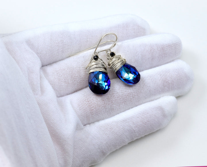 Spyglass Designs Wire Wrapped Earrings created with Bermuda Blue Sapphire Crystals from Swarovski ® 14k Solid Gold or Sterling Silver Dangle