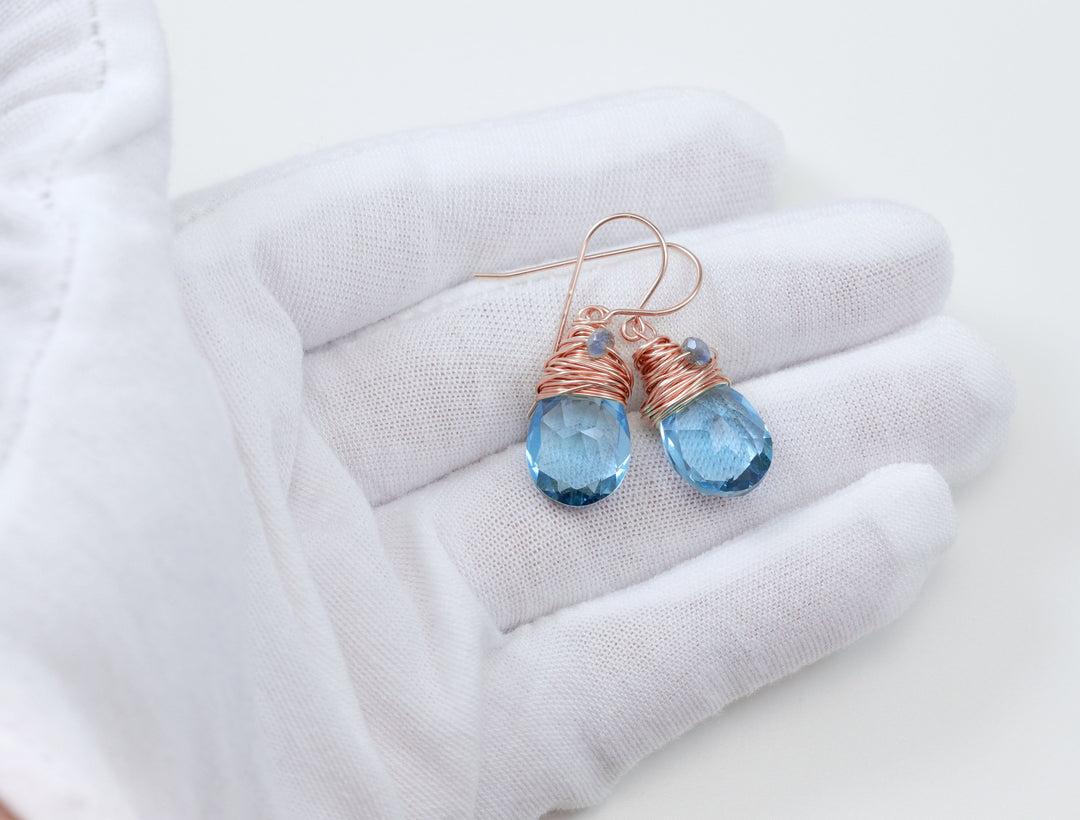 Spyglass Designs Wire Wrapped Earrings created with Aqua Aquamarine Blue Crystals from Swarovski ® 14k Solid Gold or Sterling Silver Dangles