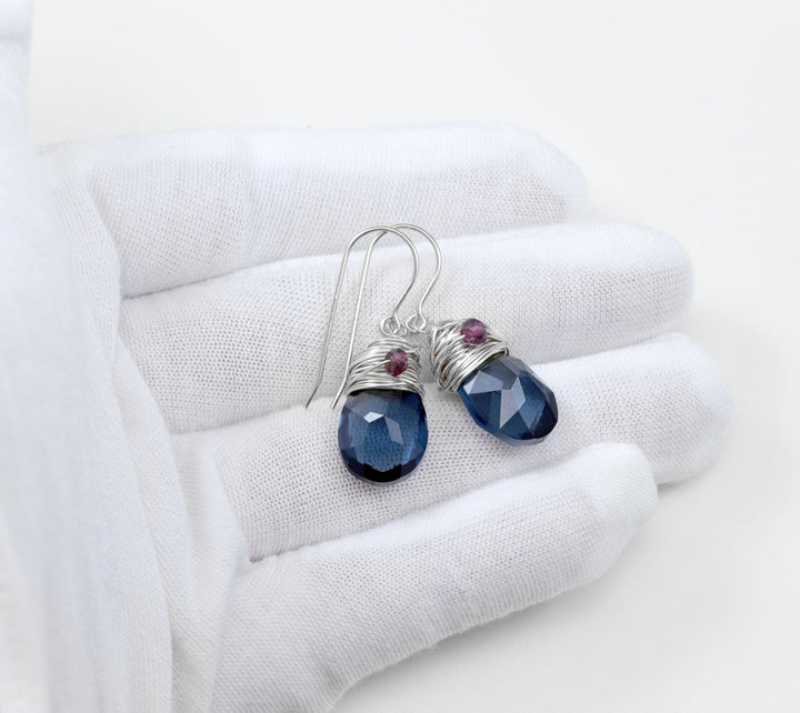 Spyglass Designs Wire Wrapped Earrings created with London Blue Sapphire Crystals from Swarovski ® 14k Solid Gold or Sterling Silver Dangles