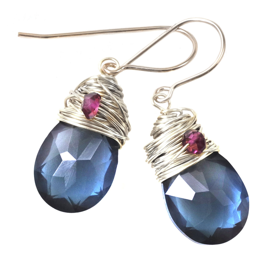 Spyglass Designs Wire Wrapped Earrings created with London Blue Sapphire Crystals from Swarovski ® 14k Solid Gold or Sterling Silver Dangles