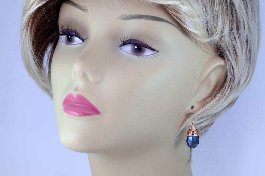 Spyglass Designs Wire Wrapped Earrings created with London Blue Sapphire Crystals from Swarovski ® 14k Solid Gold or Sterling Silver Dangles