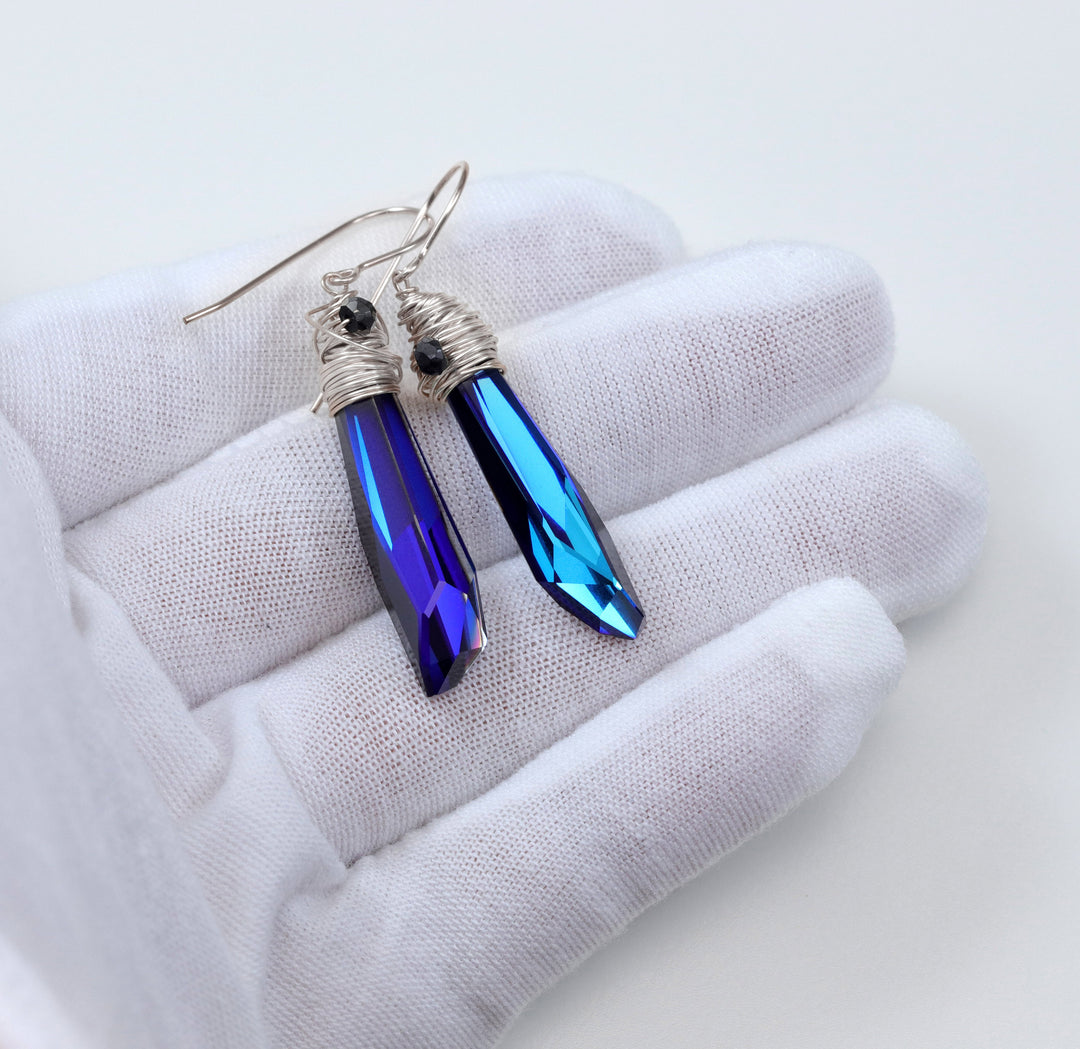 Spyglass Designs Wire Wrap Earrings created with Bermuda Blue Sapphire Crystals from Swarovski ® 14k Solid Gold or Sterling Silver Dangle 2 