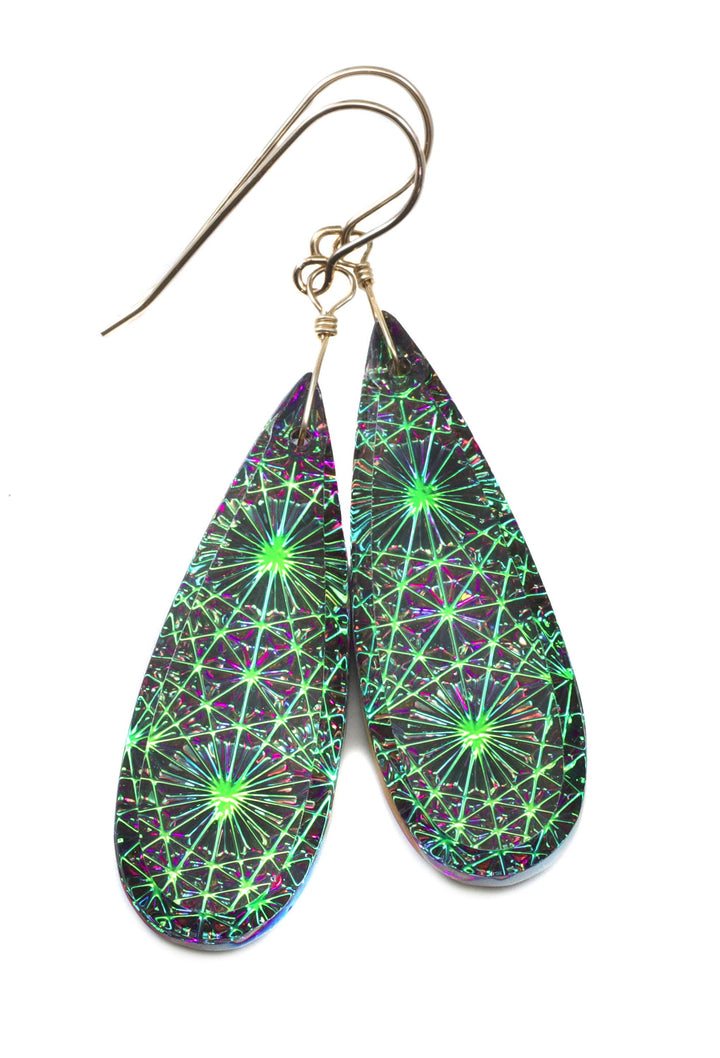 Kaleidoscope Crystal Earrings Electric Peacock Green and Purple Engraved Large Teardrops  14k Solid Gold or Filled or Sterling Silver  2.3 &quot;
