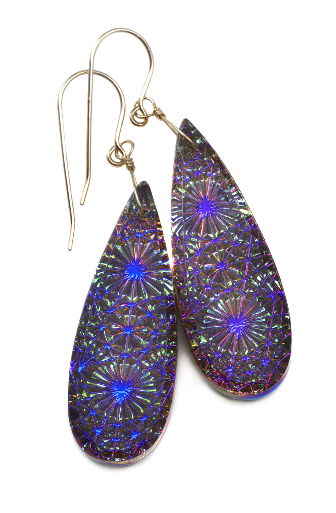 Kaleidoscope Crystal Earrings Electric Peacock Blue and Purple Engraved Large Teardrops  14k Solid Gold or Filled or Sterling Silver  2.3 &quot;