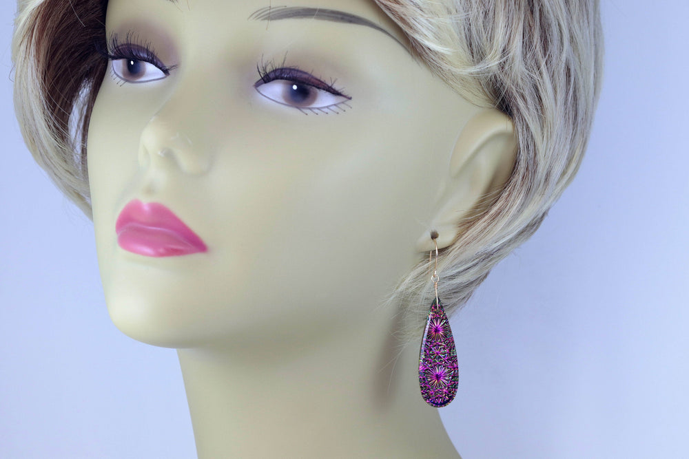 Kaleidoscope Crystal Earrings Electric Peacock Pink Purple Green Engraved Large Teardrops 14k Solid Gold or Filled or Sterling Silver  2.3 &quot;
