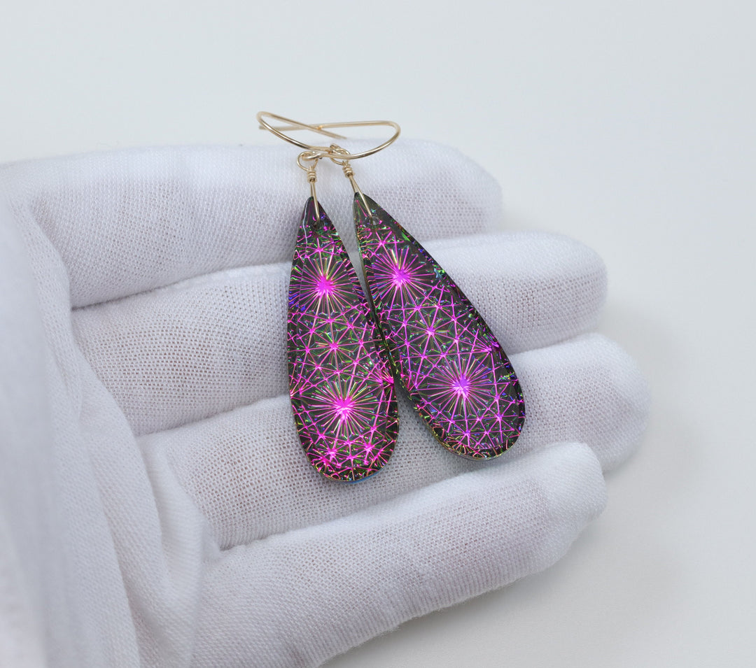 Kaleidoscope Crystal Earrings Electric Peacock Pink Purple Green Engraved Large Teardrops 14k Solid Gold or Filled or Sterling Silver  2.3 &quot;